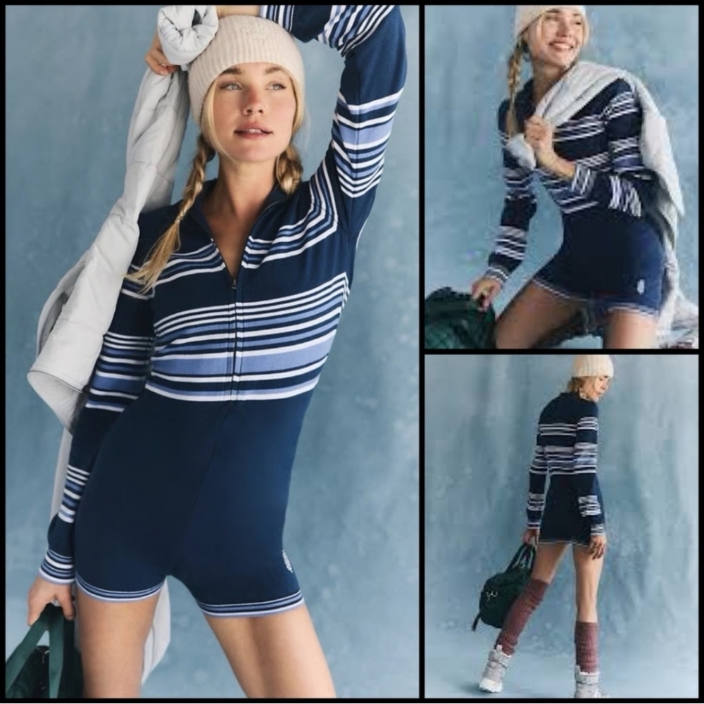 NWOT Free People Movement Blue It's Cold Outside Playsuit Navy Striped Sz XS - Picture 3 of 17